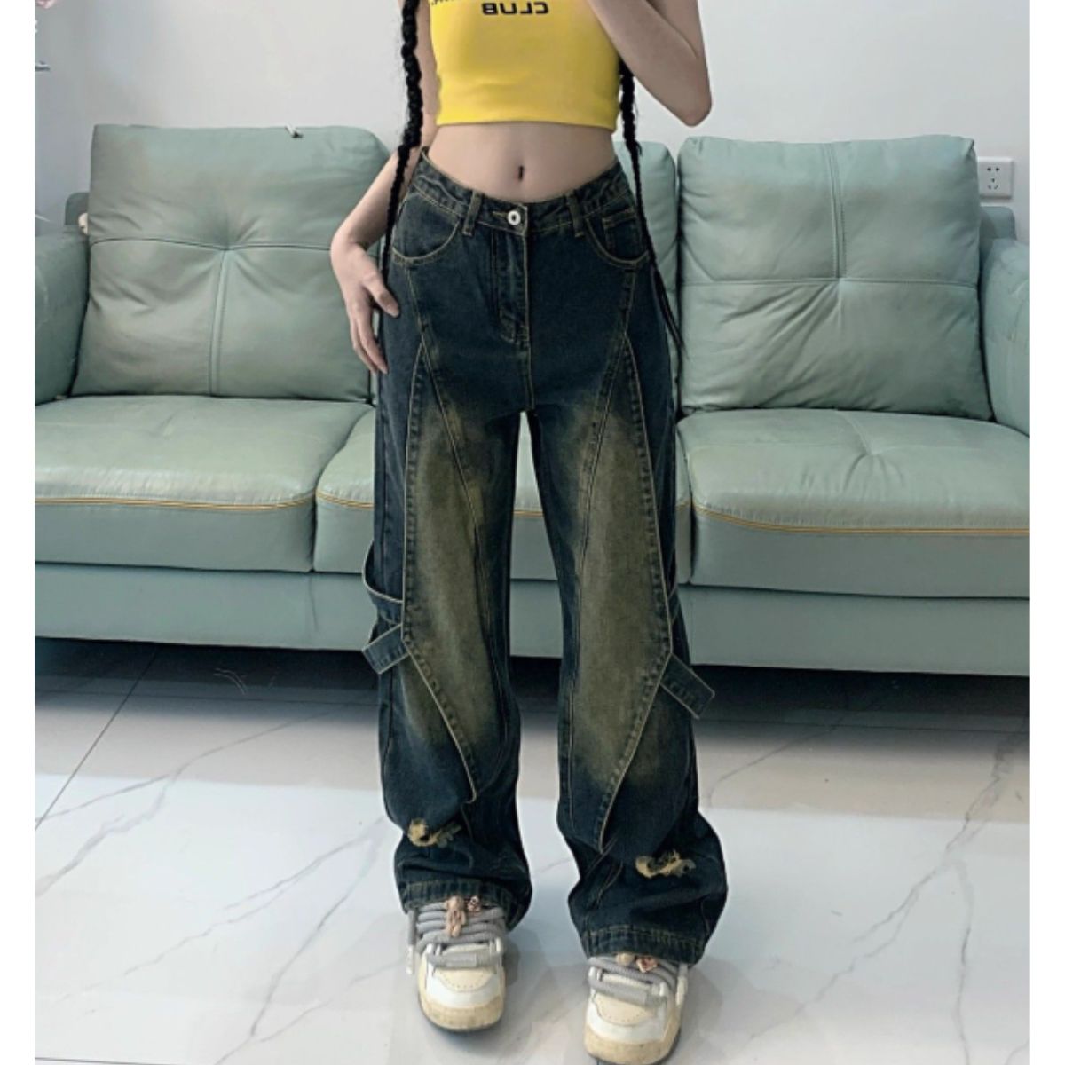 デニムロングパンツ レッグベルト レディース ストレート オーバーダイ 個性派 韓国ファッション Belle Cie ST/No.22077