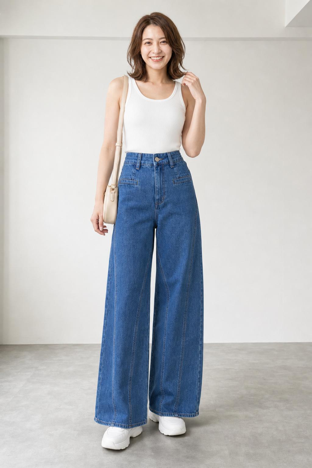 デニムワイドパンツ バックリボン レディース ハイウエスト ストレート 美脚