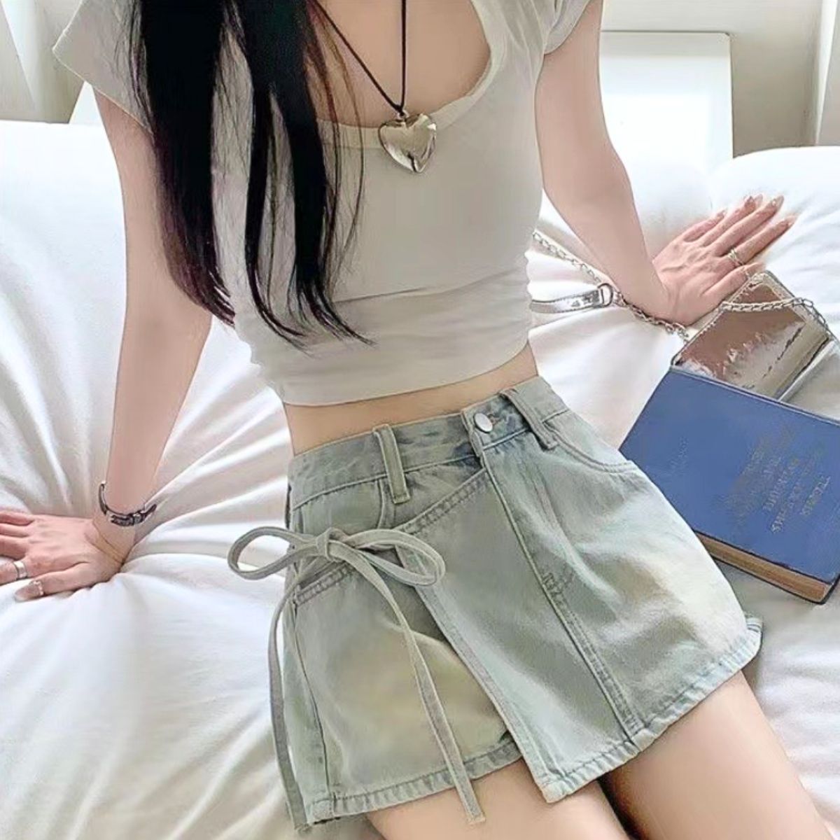 デニムショートパンツ レディース 巻きスカート風 ラップ サイドリボン ヴィンテージ 韓国ファッション Belle Cie ST/No.22156