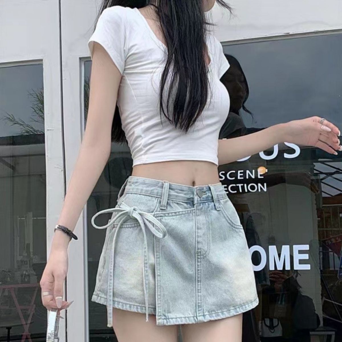 デニムショートパンツ レディース 巻きスカート風 ラップ サイドリボン ヴィンテージ 韓国ファッション Belle Cie ST/No.22156