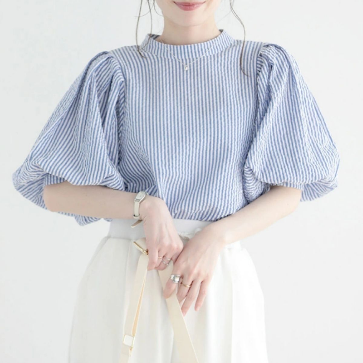 22355 パフスリーブストライプブラウス 半袖 上品