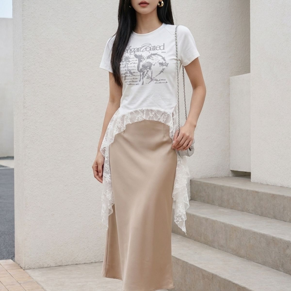 レースヘムプリントTシャツ 裾レース バレエコア レディース