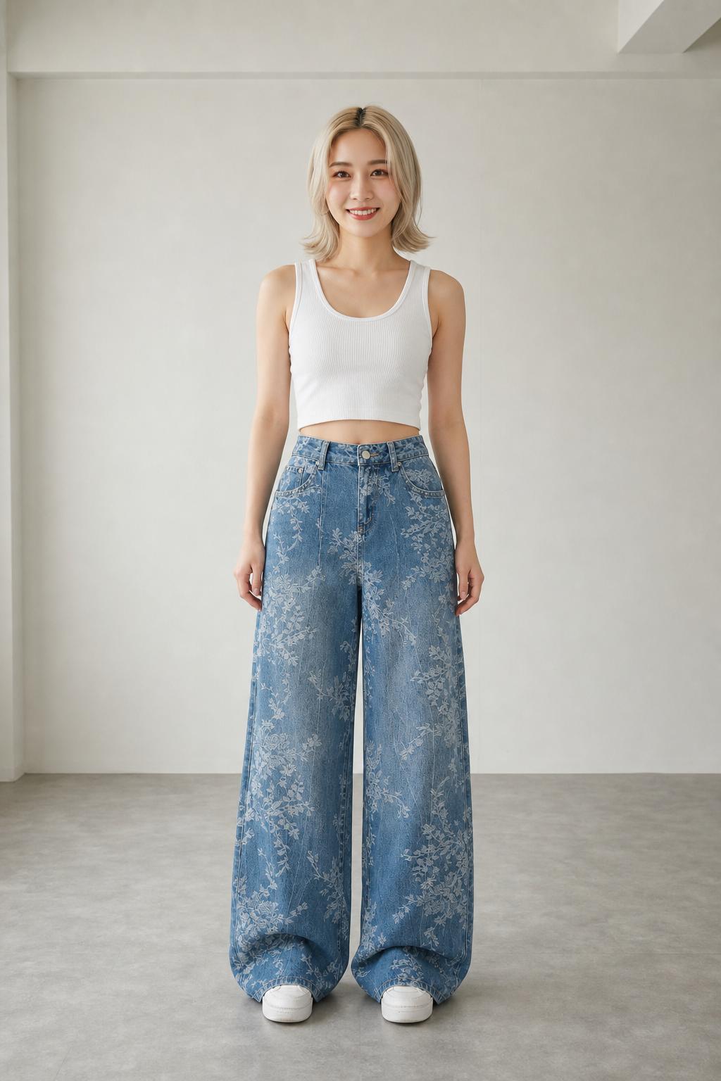 Pants/フラワー総刺繍ワイドデニムパンツ