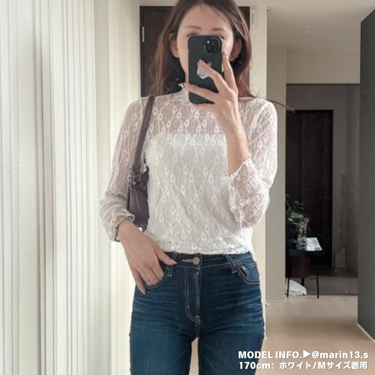 ハイネックシアー小花長袖トップス フェミニンコーデ