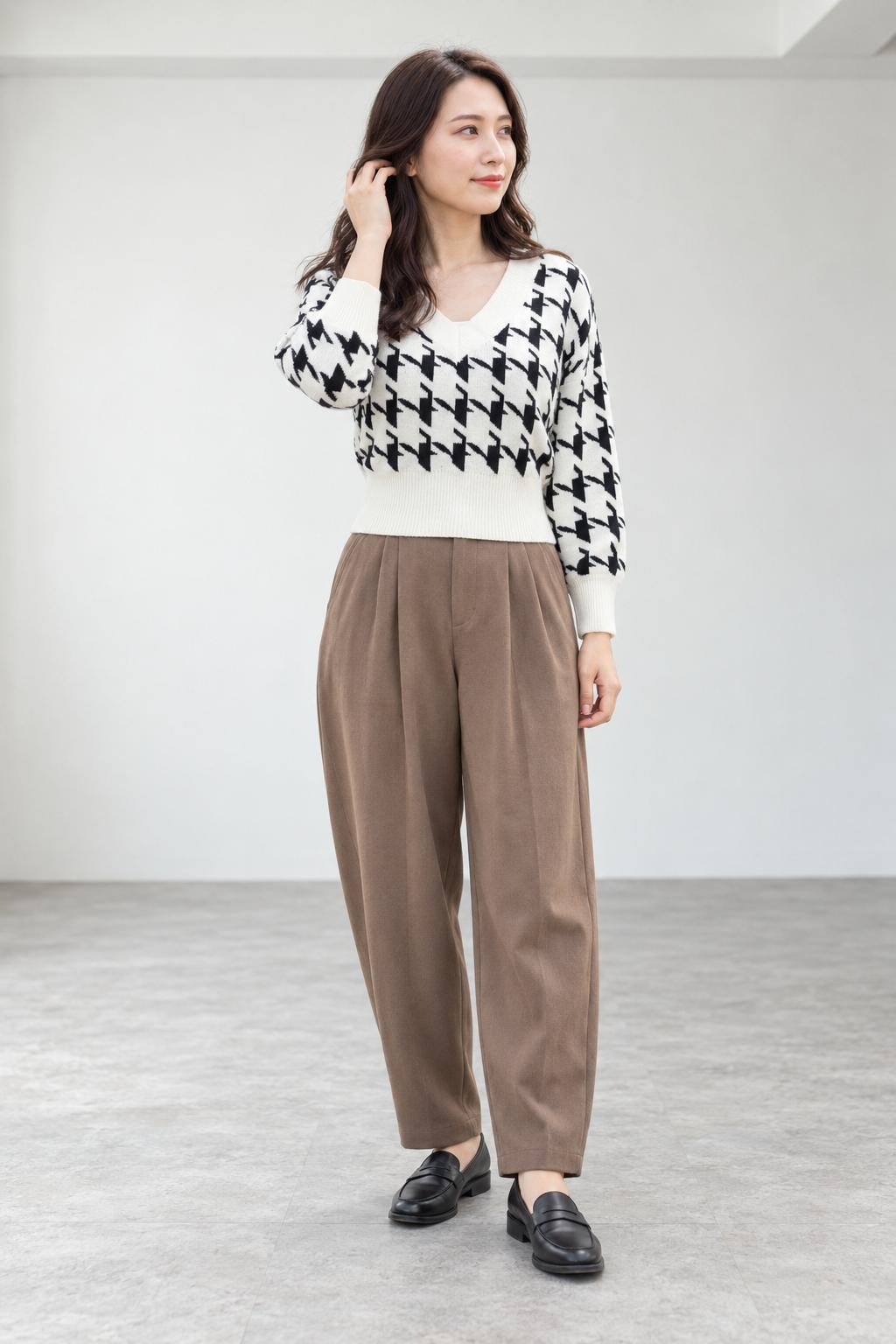 千鳥総柄ショートニットトップス Vネックニット ショート丈ニット 柄ニット 
