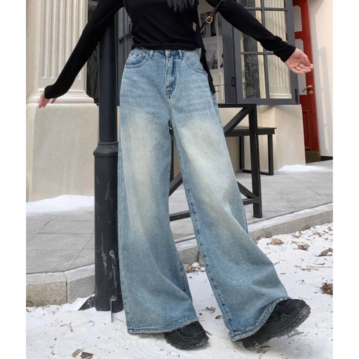 ストレートパンツ デニム サックス レディース 太め